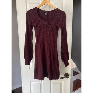 Forever 21 Burgundy Cable Knit Sweater Dress Long Sleeve Bow Detail Women’s S